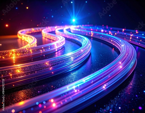 Intertwined fiber optic cables glowing with vibrant blue and orange light, close-up view, light particles flowing through strands, dark background, evoking data transmission and high-tech energy.