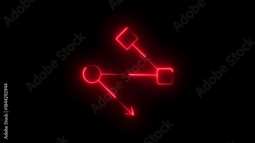 Neon Glowing Workflow Chart Icon Animation on Black Background, Looping Process Diagram, Task Flow, Business Planning, Project Management, Digital Organization Symbol