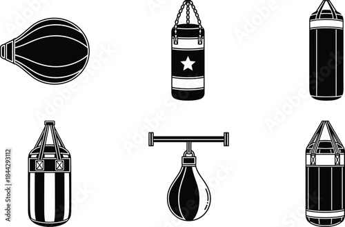 Boxing Punching Bag Equipment Set Vector Illustration for Gym Fitness Workout Exercise Training Kickboxing Muay Thai Sports Gear Heavy Speed Bag Double End Bag Artwork
