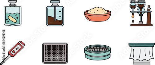 A collection of scientific and laboratory equipment icons, including bottles, a thermometer, sieves, a filtration apparatus, and a bowl of granular material.