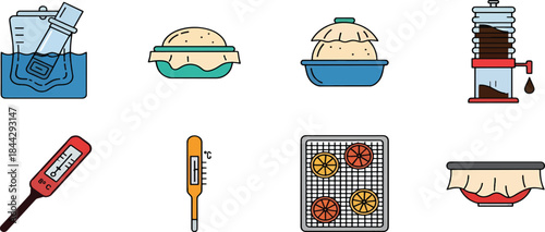 A collection of kitchen tools and food preparation methods including sous vide, cold brew, steaming, and thermometers.