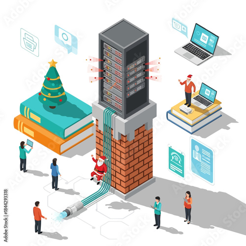 Isometric illustration depicts santa claus delivering data through fiber optic cables into a server rack atop a brick chimney near festive learning materials