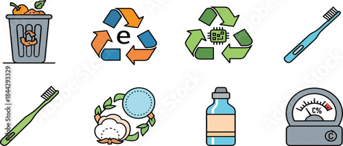 A collection of eight icons representing environmental sustainability, recycling, organic materials, and personal hygiene items like toothbrushes.