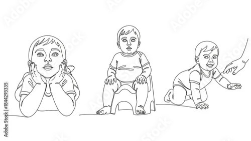 High-Quality Black Continuous Line Art of Toddlers Lying, Sitting on Potty, and Crawling Toward Parent, Early Childhood Illustrations