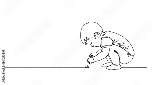 High-Quality Black Continuous Line Art of Small Child Examining Small Object on Floor, Toddler Curiosity Illustration