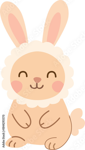 A charming cartoon style illustration of a sitting Easter bunny with fluffy ears and rosy cheeks, smiling sweetly. Ideal for childrens Easter designs or decorations.