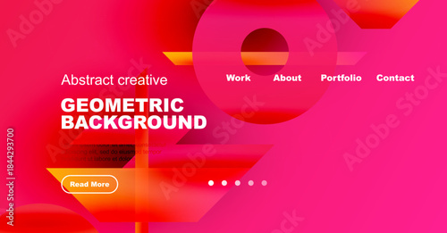Abstract geometric background. Website header design features vibrant colors, shapes, text, navigation options. Modern style.