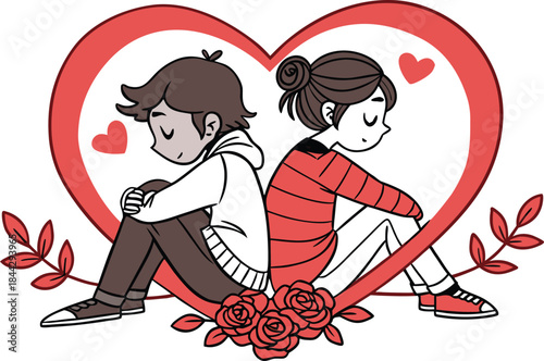 A young couple sits quietly back-to-back within a loving heart, adorned with roses and leaves