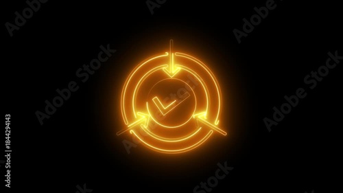 Neon Glowing Approval Icon Animation Loop on Black Background, Circular Arrows with Check Mark, Confirmation Success Process Symbol for UI, App Interface, Futuristic Digital Technology