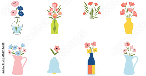 Colorful flower vase illustration collection featuring various blossoms in unique containers, perfect for decorative artwork, botanical designs, home décor, and craft projects