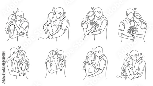 Elegant Valentine’s Day couple line art featuring romantic couples in continuous one-line style with hearts and flowers, perfect for love, wedding, anniversary, and relationship-themed designs.