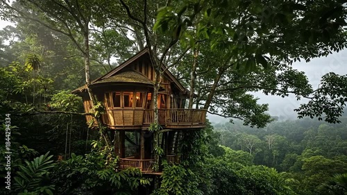 Enchanting Treehouse Nestled Deep Within a Lush Tropical Rainforest.