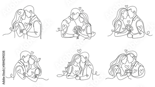 Elegant Valentine’s Day couple line art featuring romantic couples in continuous one-line style with hearts and flowers, perfect for love, wedding, anniversary, and relationship-themed designs.