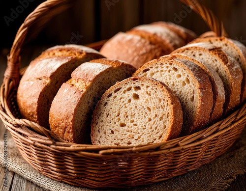 Fresh whole grain bread cut into slices lies in a wicker basket.