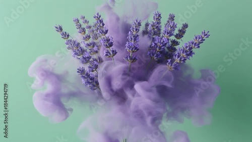 A bouquet of purple flowers emerges from a cloud of lavender-colored smoke, set against a soft, green background