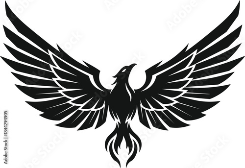 Stylized Black Phoenix Rising from Ashes, Majestic Mythological Fire Bird Silhouette, Vector Graphic Icon, Power, Rebirth, Strength, and Eternal Life Symbol, Wide Wingspan Logo Design