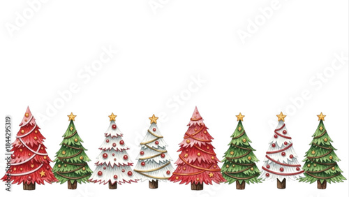 Watercolor Christmas Tree Border with Colorful Festive Trees and Copy Space Background