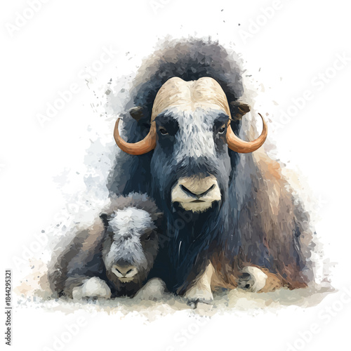 Musk Ox With Its Baby in watercolor painting style, vector illustration on white background.