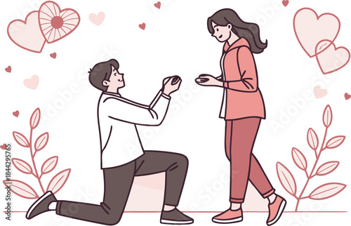 A man proposing to his girlfriend with an engagement ring on bended knee