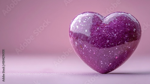 Glossy purple heart with speckled texture on soft pink background polished surface evoking love elegance and artistic charm in dreamy romantic decorative setting visual composition
