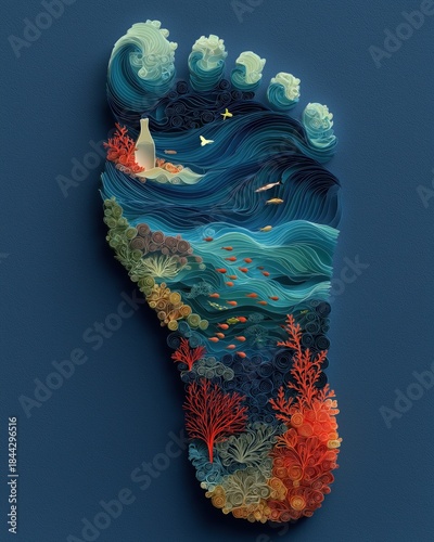 Human footprint shape made of blue sea waves, corals, and fish. Conceptual 3D paper cut craft illustration of ecological impact, ocean protection, and summer beach travel