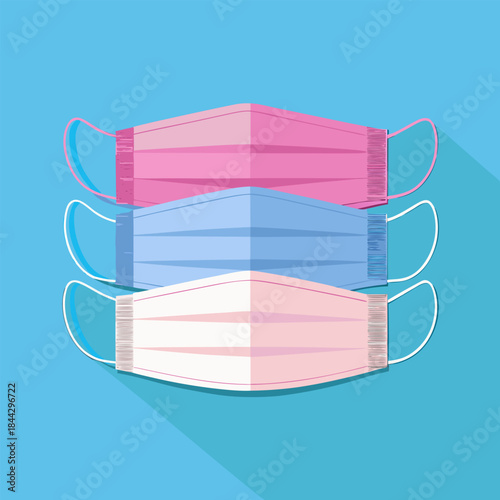 Three stacked surgical face masks in pink, blue, and white colors