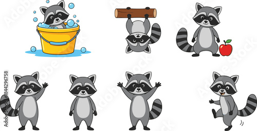 Cute raccoon character illustration set featuring playful poses, washing, hanging
