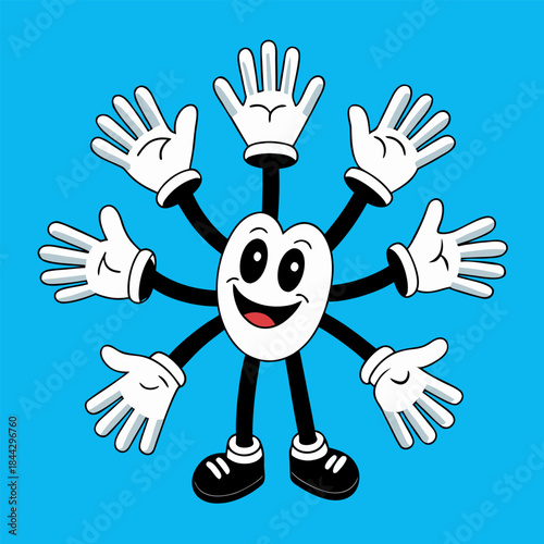 Cartoon character with multiple arms and hands waving, happy expression