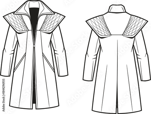 Women's long coat with quilted shoulder cape fashion flat technical drawing front and back views outerwear illustration