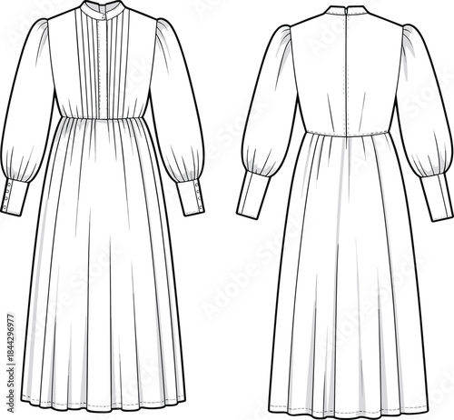 Women's pleated long sleeve maxi dress fashion flat technical drawing front and back views apparel illustration vector design