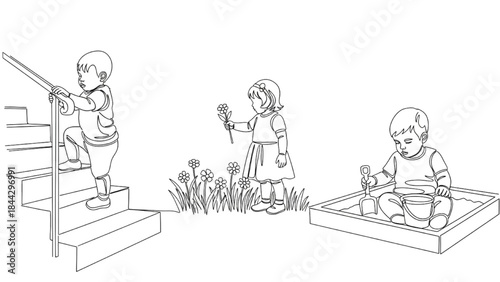 High-Quality Black Continuous Line Art of Toddlers Climbing Stairs, Picking Flowers, and Playing in Sandbox