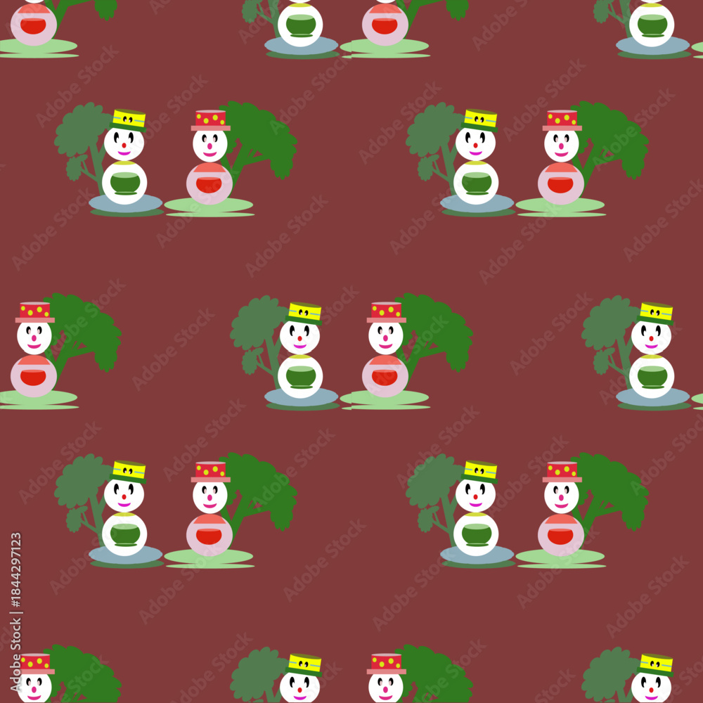 Fototapeta premium Adorable seamless vector pattern with cute doll couples in a flat cartoon style. Perfect for children fabric, nursery decor, wallpapers, gift wrap, and playful textile designs. 