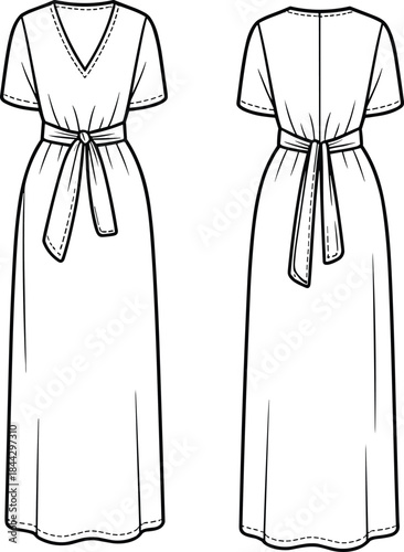 Women's belted V neck short sleeve maxi dress fashion flat technical drawing front and back views apparel illustration