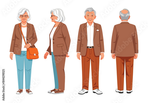 Illustration of senior couple in brown outfits from multiple angles