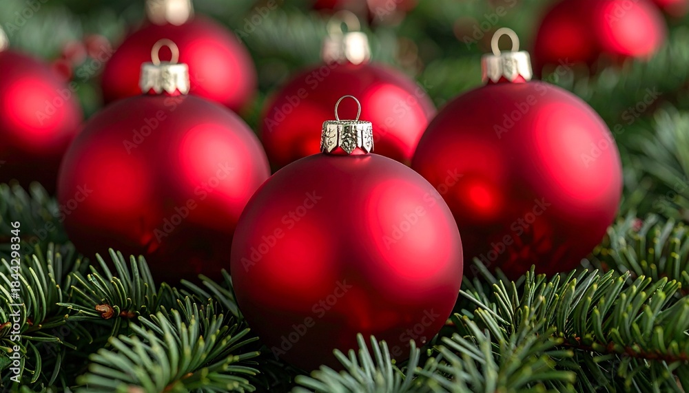 Fototapeta premium Three red Christmas ornaments rest on pine branches with pine cone, glowing in festive light.