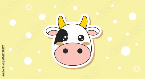 Playful cartoon cow face with a cute expression against a light yellow backdrop