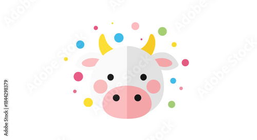 Playful bovine illustration featuring colorful confetti against a white background showcasing