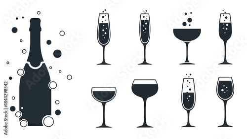 Champagne Bottle Pop and Assorted Glass Silhouettes - Celebration Set.eps