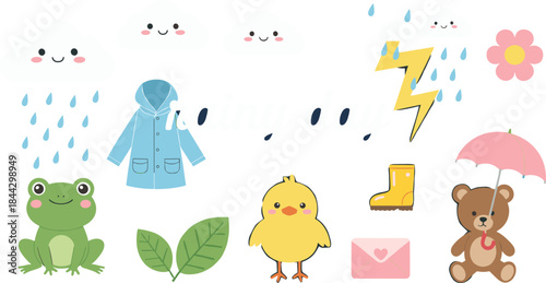 Cute rainy day illustration set featuring smiling clouds, raindrops, frog, chick, teddy bear with umbrella, raincoat, boots, lightning, and playful spring elements for vector designs.