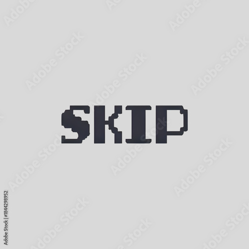 Pixel 'SKIP' button text on gray background, digital interface concept