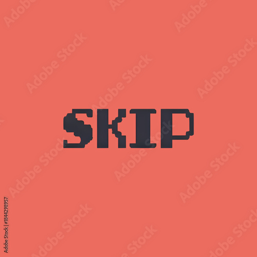 Pixelated 'SKIP' text on coral backdrop | Retro digital interface element