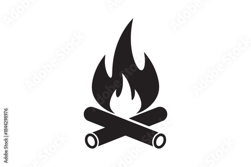 Black silhouette of a campfire with crossed logs on