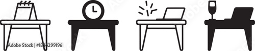 Four simple black and white icons representing various desk setups with work and relaxation items