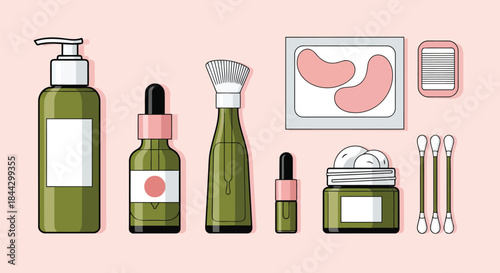 Various green beauty and skincare products on a pink background