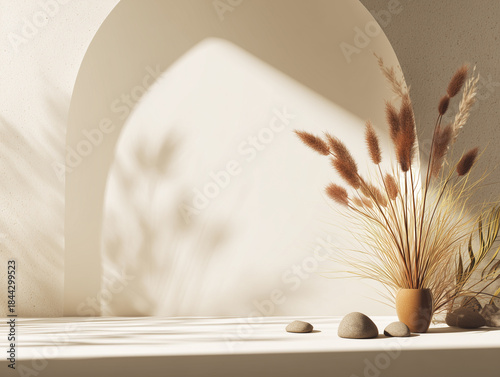 Minimalist arrangement featuring an arch vase with dried grass and smooth round stones