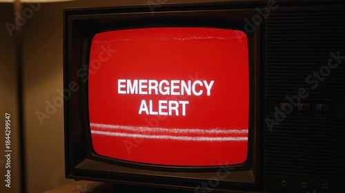 Emergency Alert System Broadcast on Old Television Screen with Static and Red Screen.
