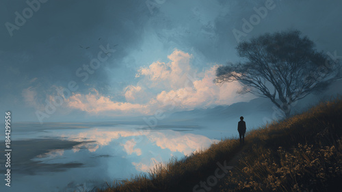 A lone figure walks towards a big tree reflecting on the still lake during twilight glow