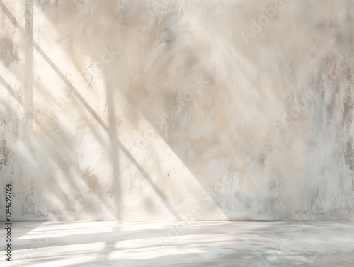 Serene space with sunlit shadows on a textured wall casting a warm inviting ambiance