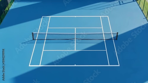 Empty Blue Tennis Court with White Lines and Net on a Sunny Day.