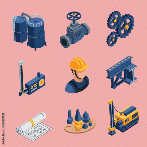 A set of isometric icons depicting various industrial and engineering tools, equipment, and concepts, including machinery, structures, and a worker.